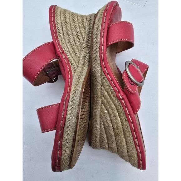 Born Womens Red Leather Strappy Wedge Sandals With Braided Espadrille Heel & Adj - Picture 10 of 12
